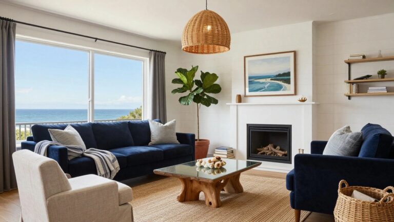 Living room with navy blue velvet sofa, wooden coffee table, beige rug, potted fiddle leaf fig plant, bookshelves above fireplace, and large window showing ocean view.