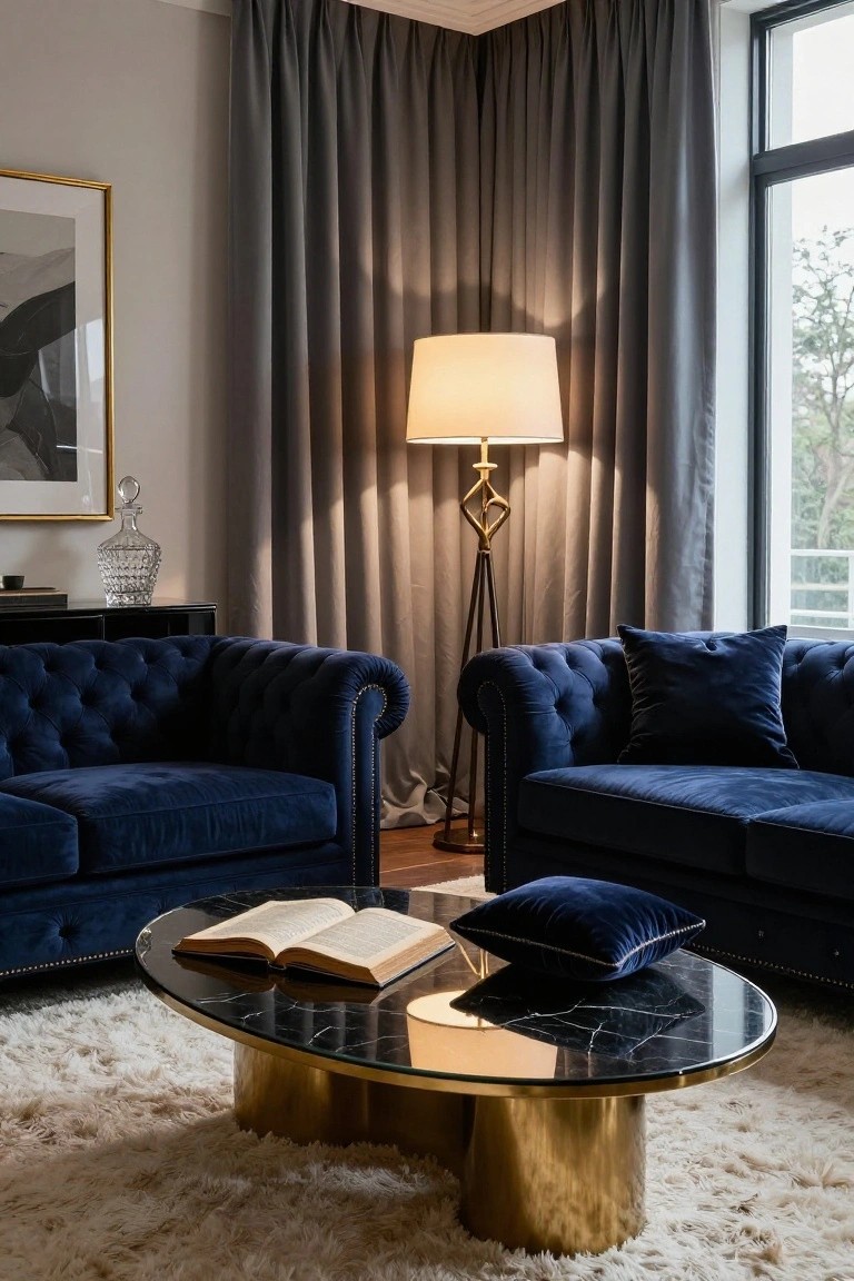 A living room with two navy blue velvet tufted Chesterfield sofas arranged around a black marble and brass coffee table, beside gray curtains, a brass floor lamp, and a crystal decanter on a black sideboard near large windows.