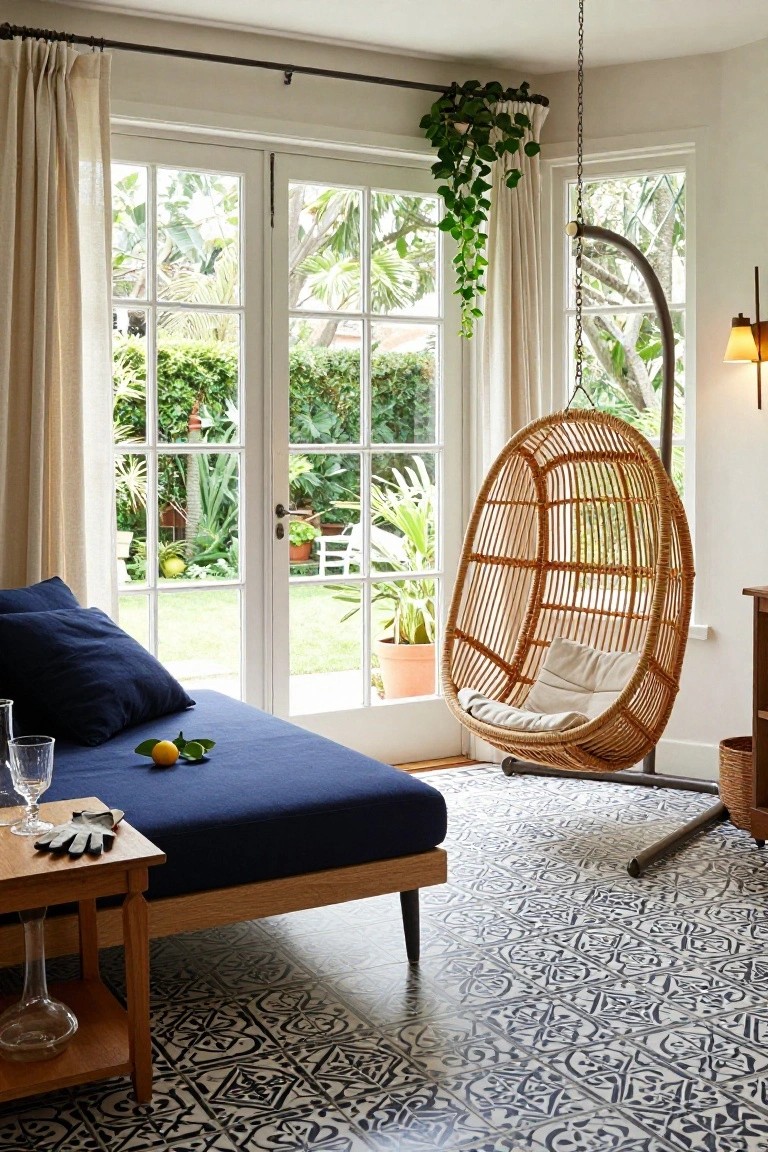 Bright living room corner with navy blue daybed on blue patterned tile floor, wooden side table holding vase glasses and lemon, rattan egg chair hanging nearby, and French doors open to lush garden.