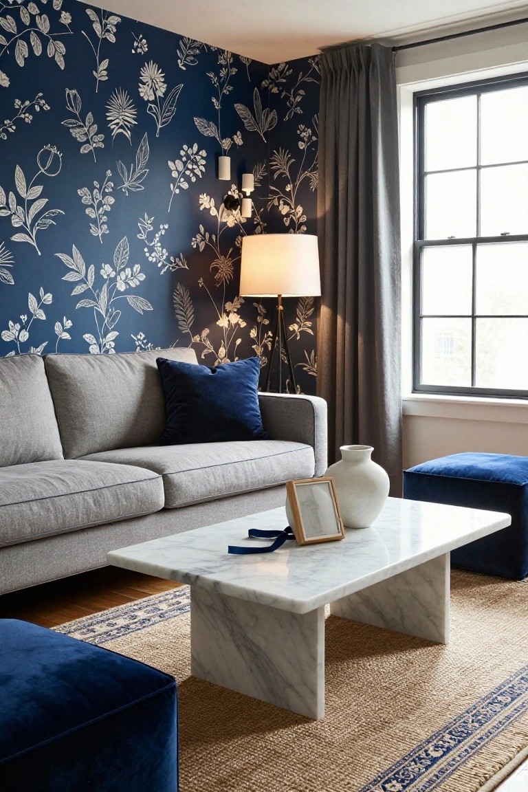 Living room with navy blue wallpaper featuring white floral and botanical outlines, light gray sofa with blue velvet pillows, white ceramic vase and framed photo on low marble coffee table, blue velvet ottomans, floor lamp, and gray curtains on black-framed window.