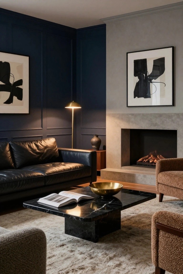 Living room with navy blue paneled wall, black leather sofa, black marble cube coffee table holding a gold bowl and open book, beige armchair, gas fireplace in gray stone surround, floor lamp, and abstract artworks.