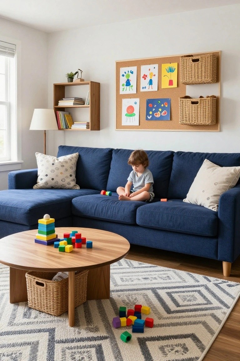 A toddler boy sits cross-legged on a navy blue L-shaped sofa in a bright living room, playing with colorful wooden blocks on a round wooden coffee table, with a corkboard of children's artwork on the wall and wicker baskets nearby.