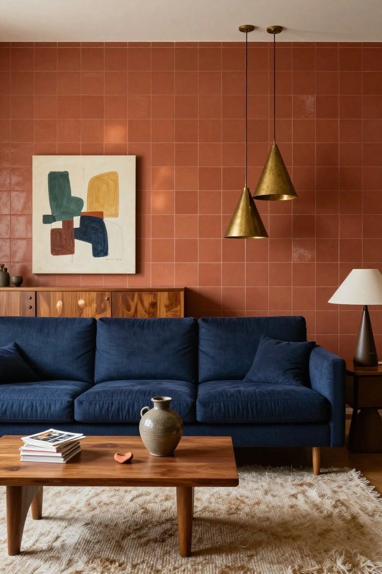 Living room with navy blue velvet sofa facing terracotta tiled walls, wooden credenza and coffee table, brass cone pendant lights, abstract painting, and cream shag rug.
