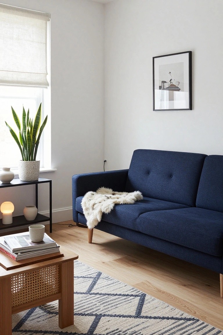 Corner of a living room with navy blue tufted sofa draped in white fur throw, rattan coffee table holding magazines and mug, snake plant in speckled pot on black metal shelf, white walls, linen blind, and oak wood floors.