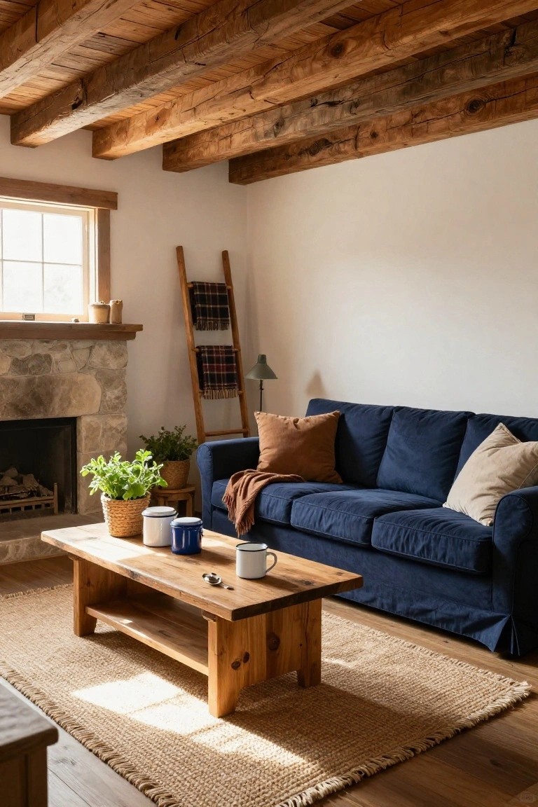 Living room with navy blue velvet sofa, wooden coffee table holding mugs and plants, stone fireplace, ladder with blankets, exposed wood beam ceiling, and seagrass rug on wood floor.