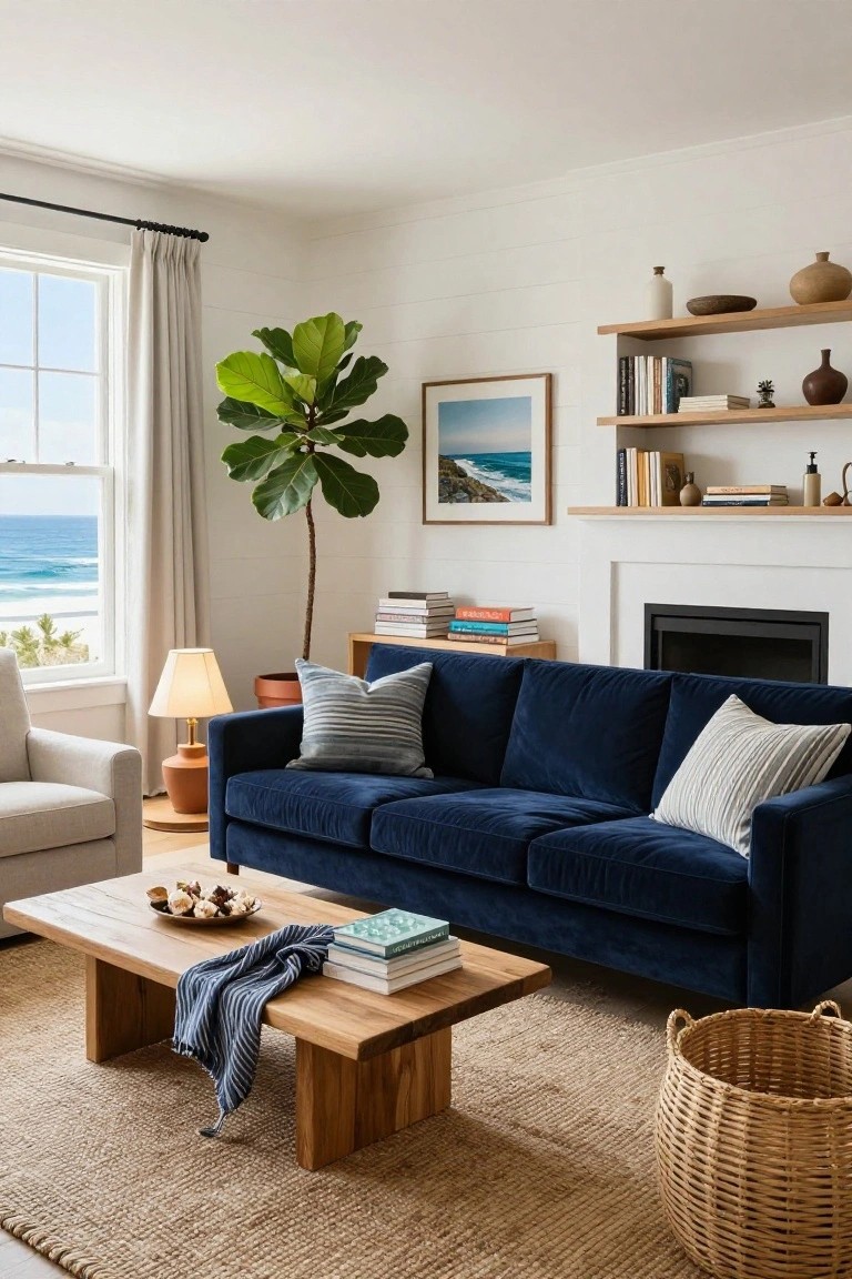Living room with navy blue velvet sofa, wooden coffee table, beige rug, potted fiddle leaf fig plant, bookshelves above fireplace, and large window showing ocean view.