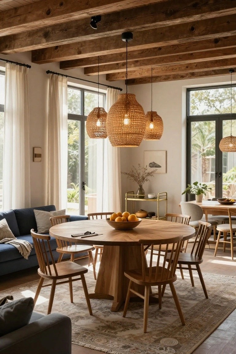 A sunny interior dining-living room with navy blue sofa, round wooden table and chairs, rattan pendant lights from wooden beams, sheer curtains on large windows, and views of greenery outside.