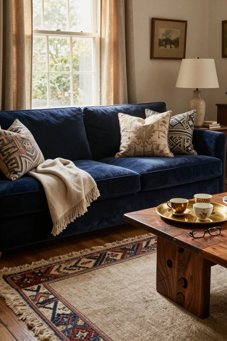 Navy blue velvet sofa with assorted patterned pillows, a cream knit throw, and wooden coffee table holding brass tray with teacups and saucers on a bordered rug in a sunlit living room.