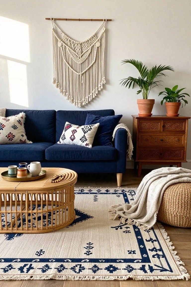 Living room with navy blue sofa, embroidered pillows, rattan coffee table on blue-bordered rug, macrame wall hanging, potted plants, and wooden side table against white wall.