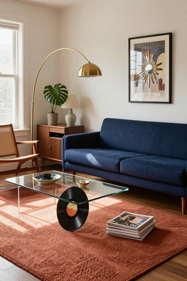 Navy Blue Sofa with Terracotta Rug