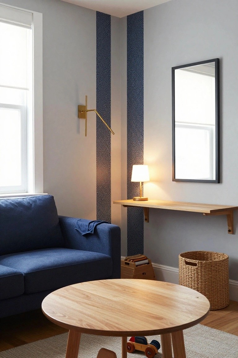 Living room corner with navy blue sofa, round light wood coffee table holding wooden toys, floating wood shelf with brass lamp and black-framed mirror, light gray walls with vertical navy patterned wallpaper stripe, hardwood floor, and window with roller shade.