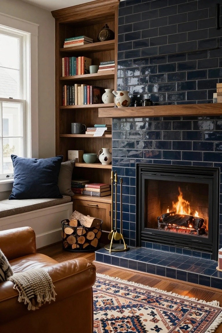 Living room corner with wooden bookshelves, navy blue glossy subway tile fireplace surround and hearth, window seat with cushions, leather armchair, log basket, and patterned rug on wood floor.