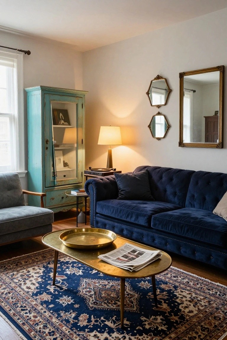 Living room with navy blue tufted velvet sofa, gold coffee table holding a newspaper on a blue rug, turquoise glass-door cabinet, gray armchair, lamp, and gold-framed mirrors on white walls near a window.