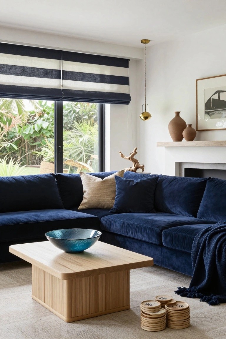 Modern living room with navy blue velvet L-shaped sofa, oak coffee table holding blue glass bowl and wooden coasters, fireplace shelf with ceramics and wood sculpture, navy striped roman blinds on large windows to garden.