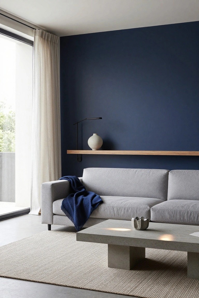 Modern living room with navy blue accent wall, light gray L-shaped sofa draped in a dark blue blanket, concrete coffee table holding a white ceramic bowl, wooden wall shelf with vase, and large window with sheer curtains.
