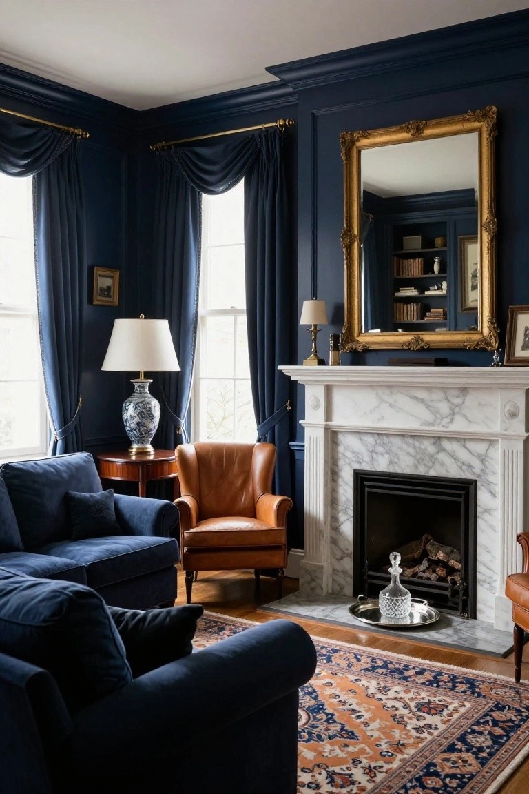 Navy blue paneled living room with L-shaped navy sofa, orange leather armchair, white marble fireplace with burning logs, large gold-framed mirror above mantel, blue and white porcelain lamp on side table, and orange and blue oriental rug on wood floor.
