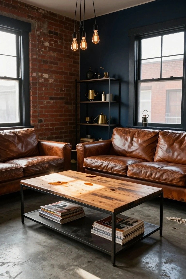 Living room interior with navy blue walls, exposed brick corner, two tan leather sofas facing each other, rustic wood coffee table on black metal frame holding stacked magazines, metal shelves with brass items, and Edison bulb pendant lights over concrete floor.