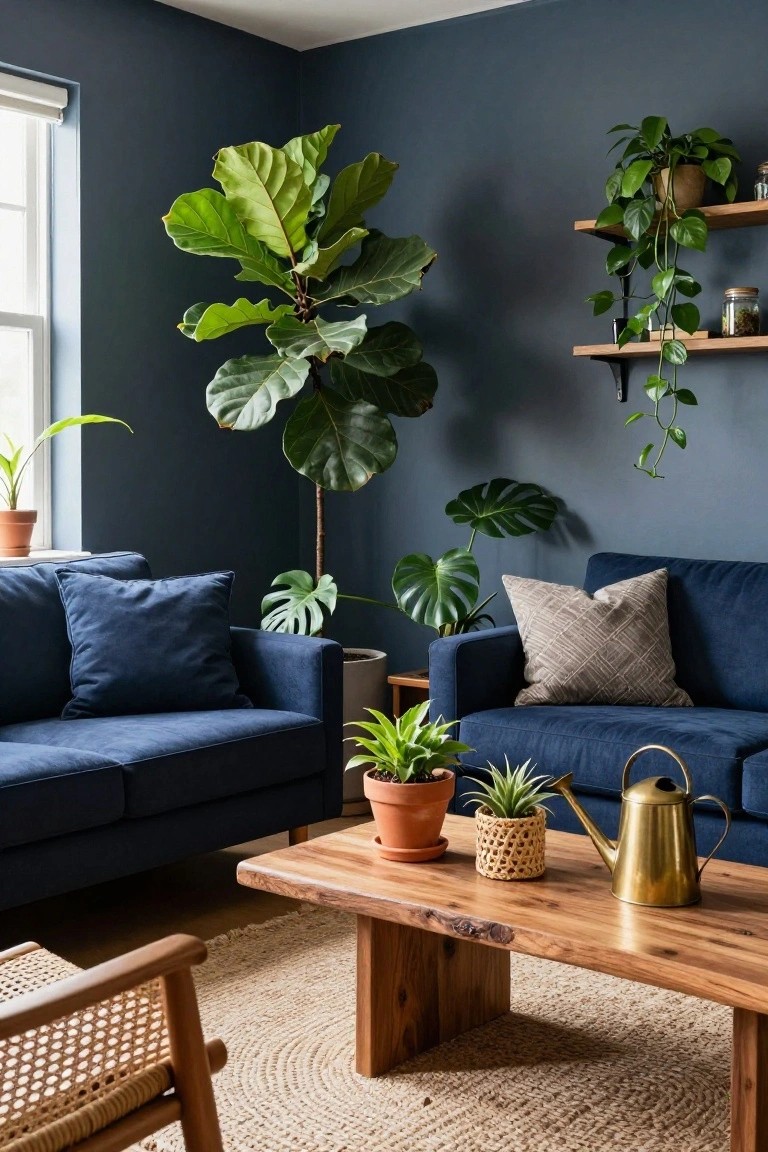 Navy blue living room featuring dark blue walls, a blue velvet sofa with pillows, wooden coffee table, rattan chair, seagrass rug, multiple potted plants including fiddle leaf fig, monstera, and hanging vines, and gold watering can.
