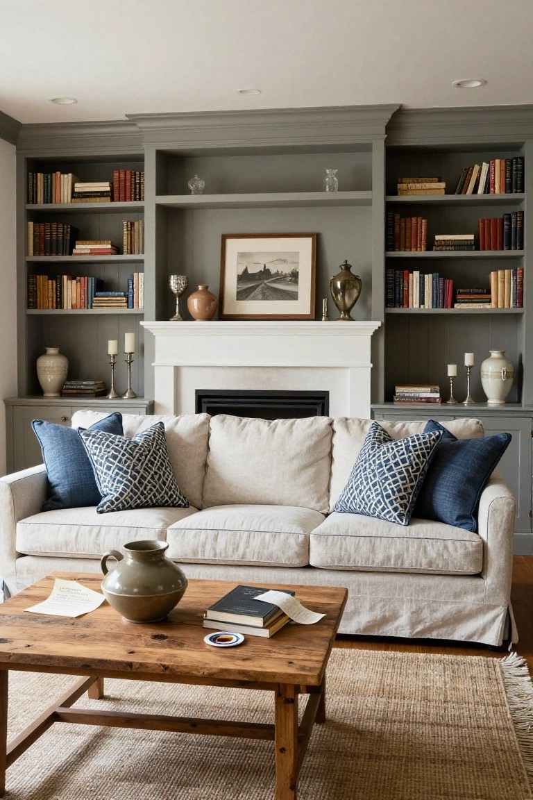 Living room with gray built-in bookshelves flanking a white fireplace mantel, cream slipcovered sofa with navy blue patterned pillows, wooden coffee table holding books and a ceramic vase, and seagrass rug on hardwood floor.
