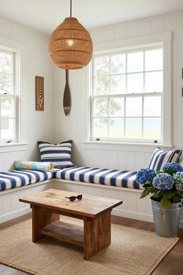 Corner window bench with navy blue and white striped cushions in a white paneled room, wooden coffee table, blue hydrangeas in a metal bucket, rattan pendant light, oar wall decor, and lake view through large windows.
