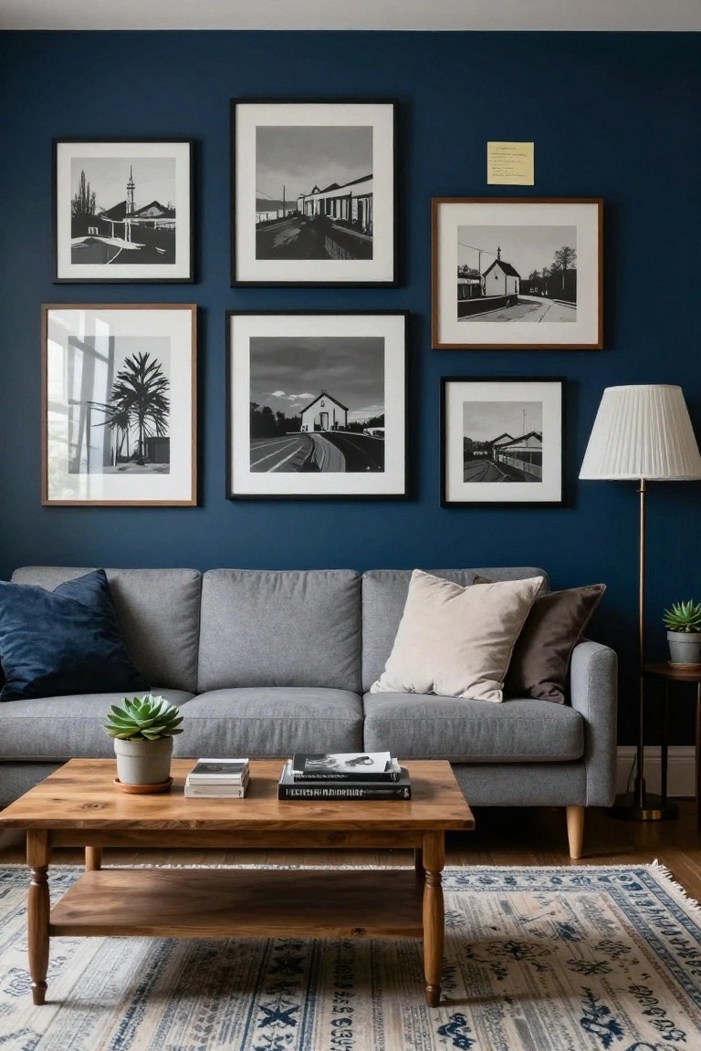 Living room featuring navy blue walls with a gallery wall of black and white framed photographs of train stations and buildings, gray sofa with pillows, wooden coffee table with books and plants, floor lamp, and patterned rug.