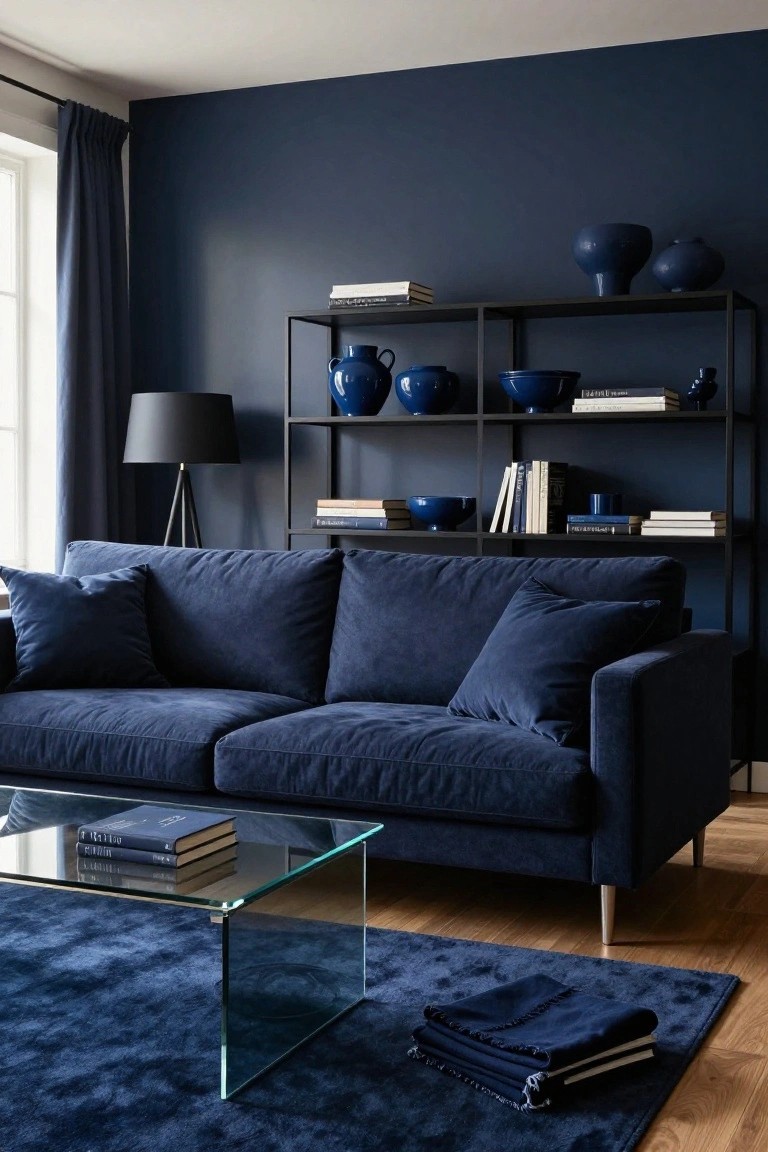 A living room with dark navy blue walls, navy blue velvet sofa, black metal open shelving displaying navy ceramics and books, glass coffee table with stacked books, navy shag rug, and light wood floor.