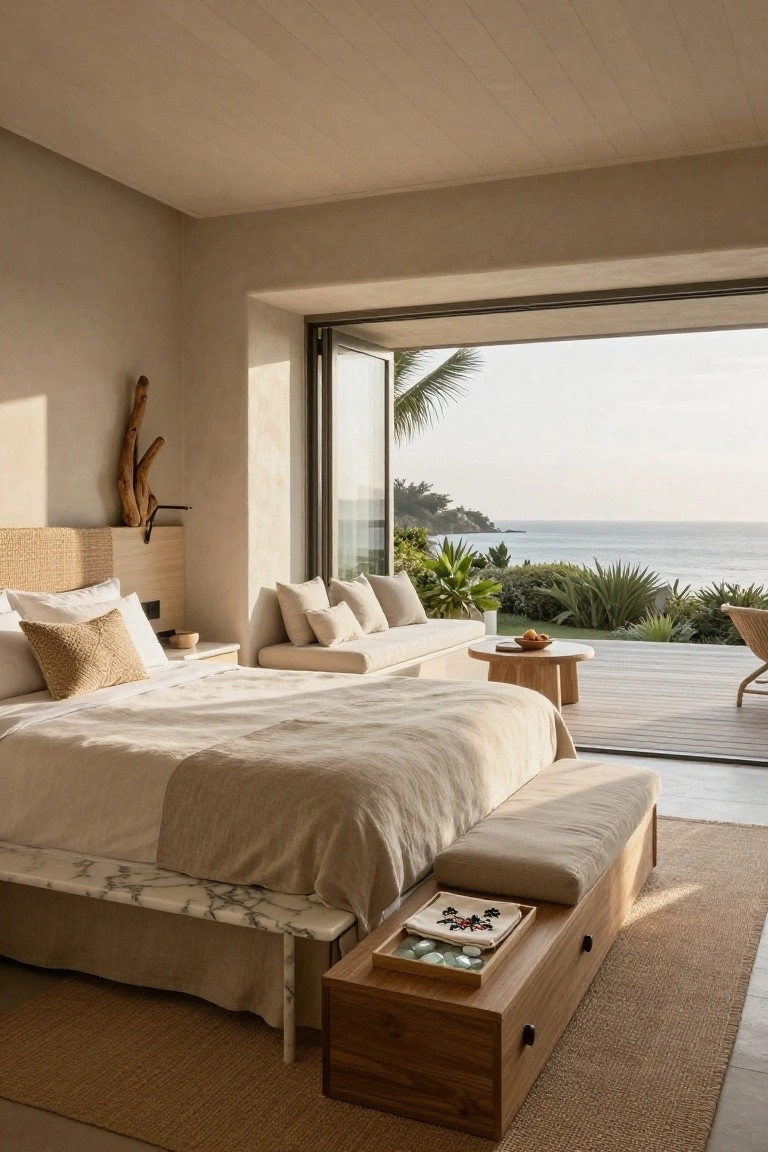 Neutral beige bedroom with rattan headboard on a large bed with white linens, marble bench and wooden storage box at foot, driftwood wall sculpture, and open folding glass doors to a wooden deck overlooking tropical plants and ocean.