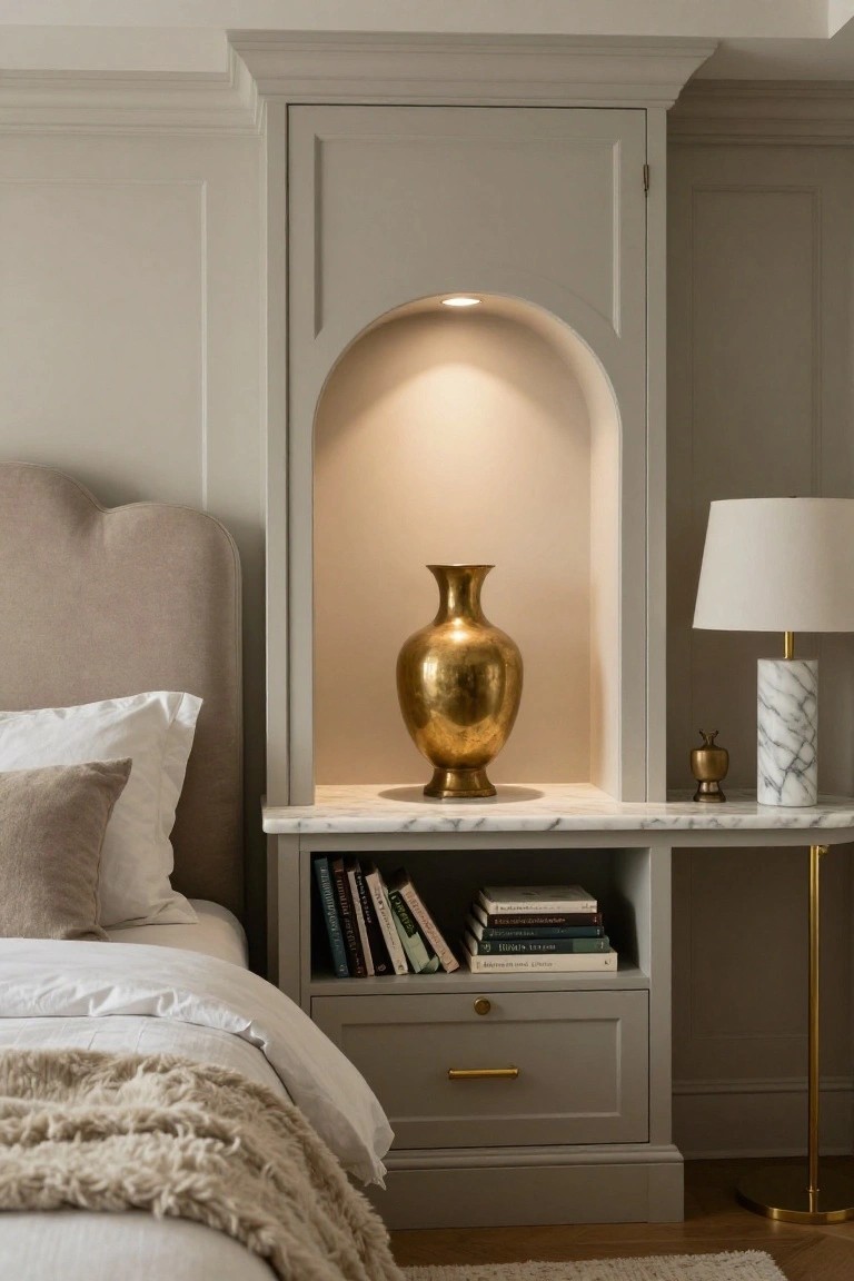 Bedroom corner with beige tufted headboard bed, built-in pale gray cabinetry featuring an illuminated arched niche with brass vase, marble-topped desk holding books, small brass object, marble lamp on gold stand, and gold floor lamp.