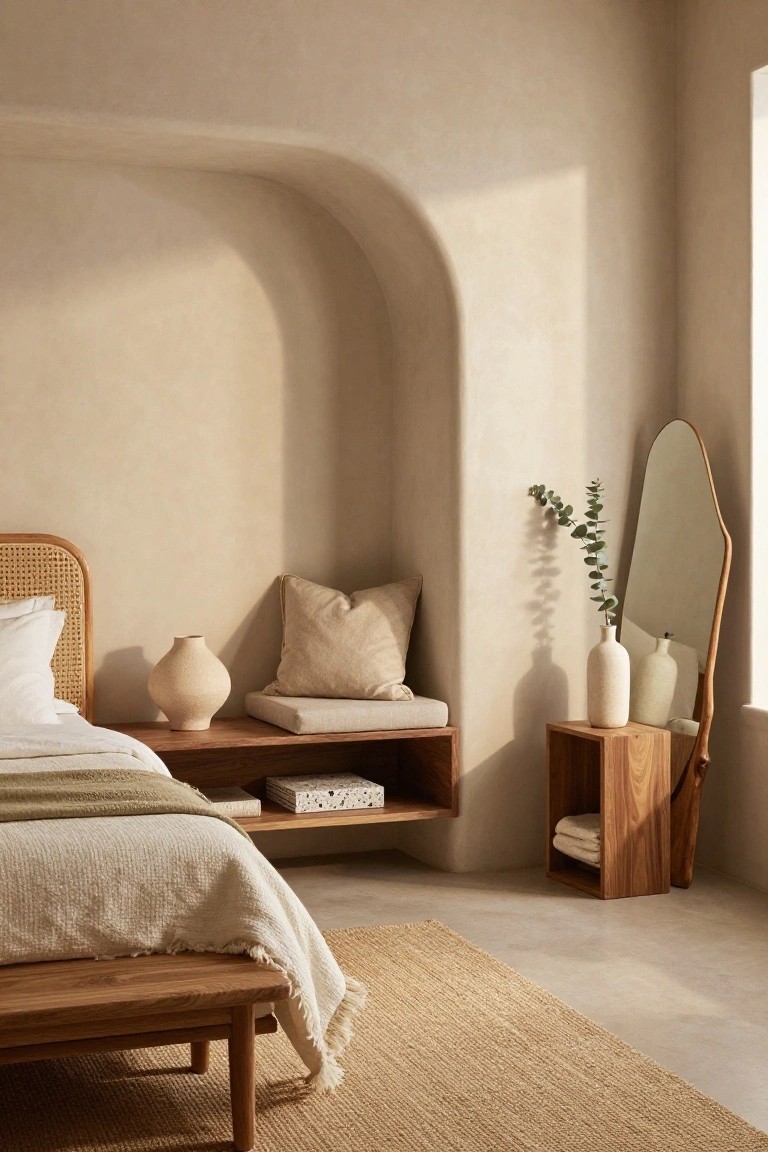 Neutral bedroom corner with curved beige plaster arch containing a built-in wooden bench with beige cushion and shelf holding books, beside a rattan headboard bed, tall arched mirror with eucalyptus and vase, and wooden side table on seagrass rug.