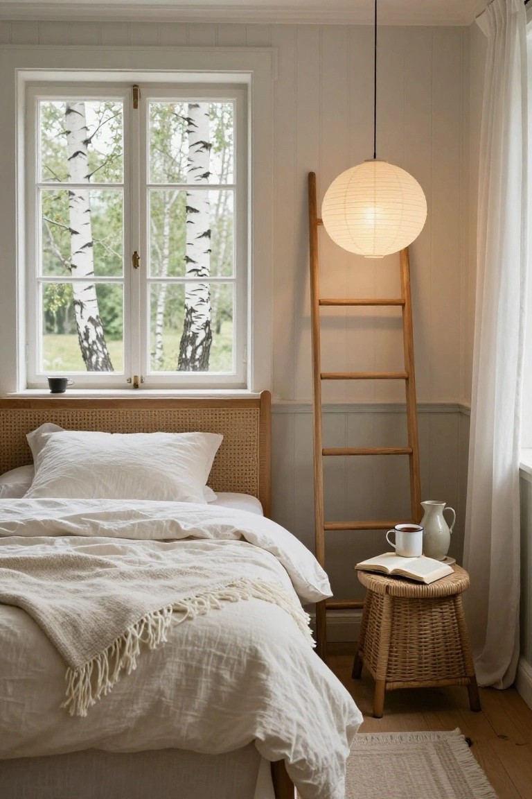 Neutral bedroom interior with white linen bed on cane headboard, tall wooden ladder holding towels beside it, rattan stool with open book and mug, paper lantern light, and double window showing birch trees outside.