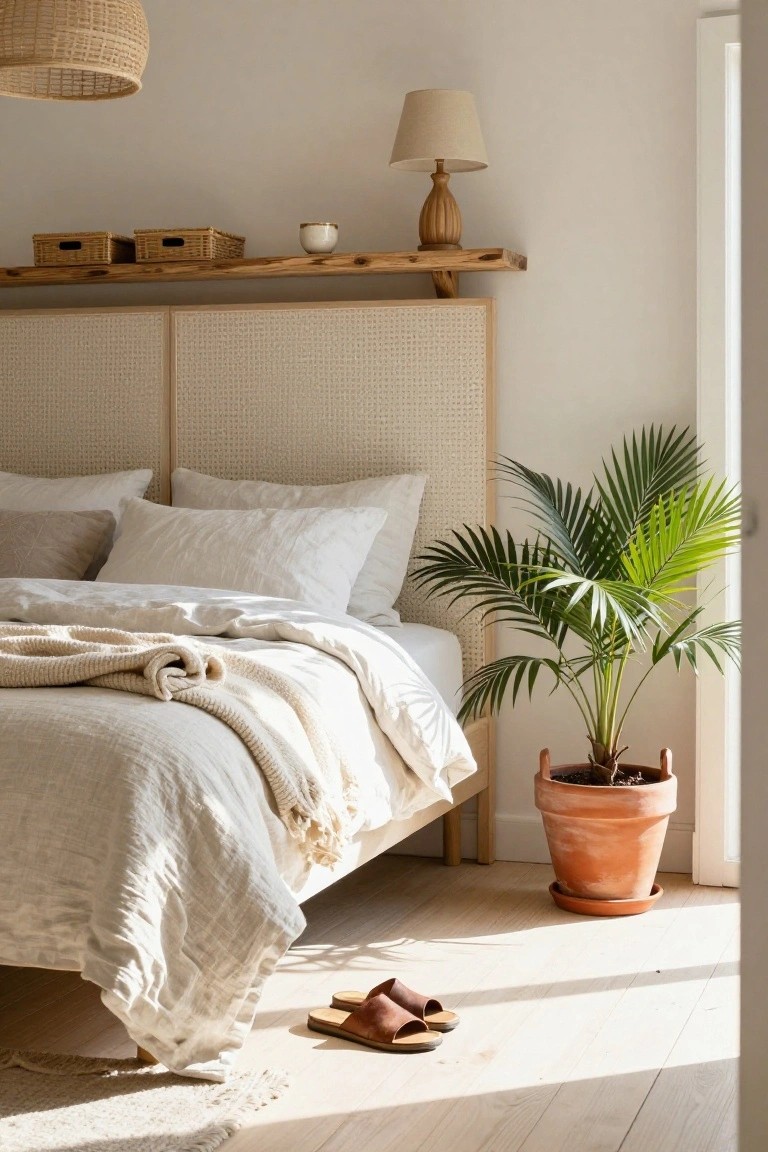 Neutral bedroom featuring a tall cane-paneled headboard behind a bed with white linen bedding and pillows, a potted palm plant in a terracotta pot, wood wall shelf with lamp and mug, rattan hanging light, and brown leather sandals on light wood floor.