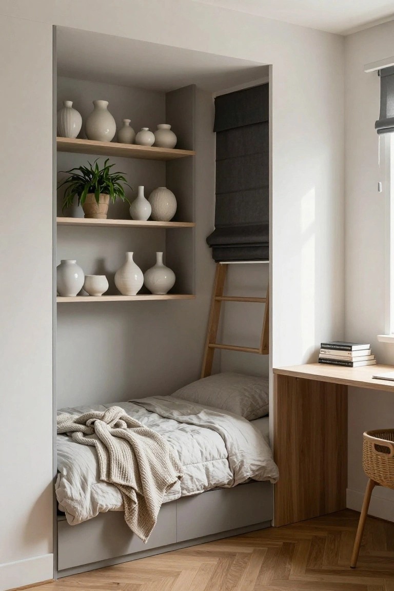 Recessed bedroom alcove with low bed draped in neutral linens and knit throw, wooden ladder, oak shelves holding white ceramic vases and potted plant, integrated wooden desk with books, gray roman shade on window, and light oak flooring.