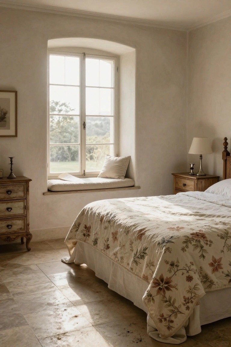 Neutral bedroom with arched window seat cushioned in beige pillows, antique wooden bed with floral quilt, nightstands, and lamp, overlooking green landscape through open windows.