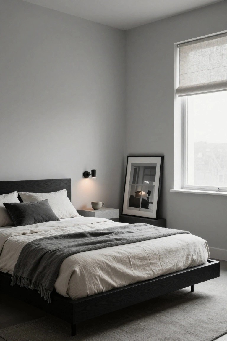 A light gray bedroom with black wood platform bed dressed in white linens and gray throw, concrete nightstand holding ceramic mug, black wall sconce lit up, tall black-framed photo of a chair by window, and linen roller shade over large window.