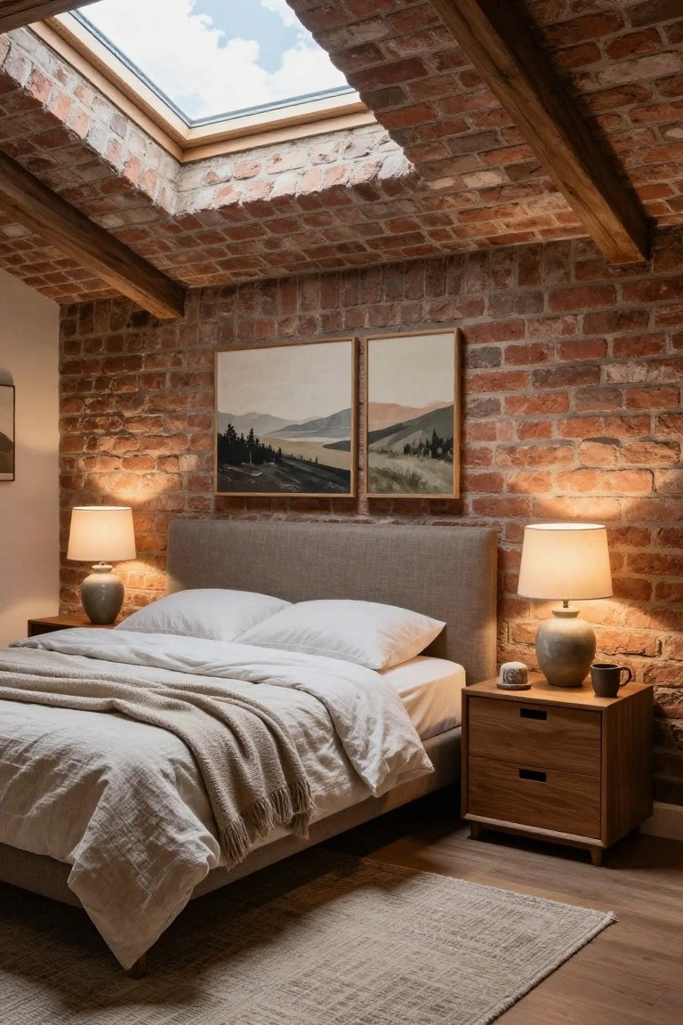 Bedroom interior with exposed brick walls, wooden ceiling beams and skylight, gray upholstered bed headboard with white sheets and gray throw, wooden nightstands holding ceramic lamps and mugs, and two framed landscape paintings on the brick wall.