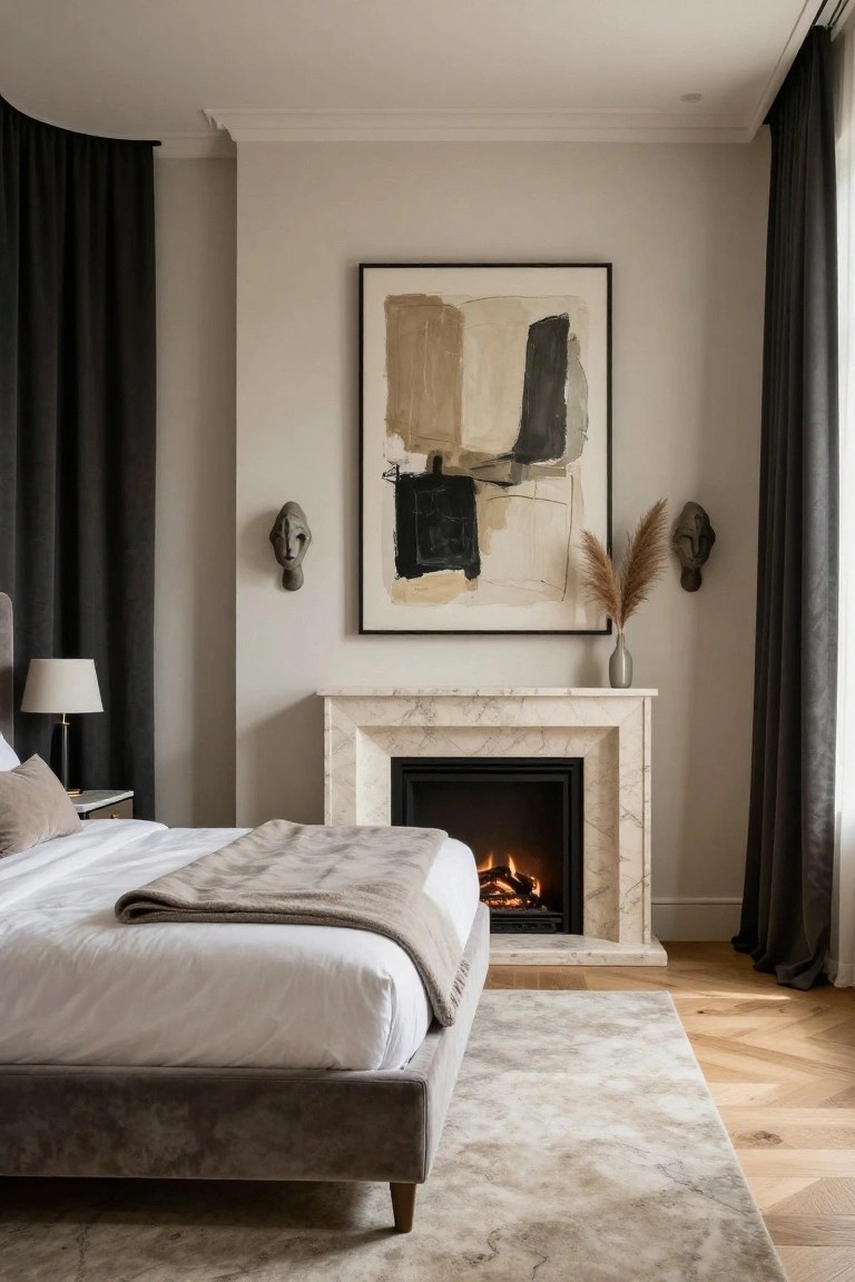 Neutral bedroom with gray velvet bed, white bedding and throw, marble gas fireplace lit with flames, small vase on mantel, abstract painting on wall, black curtains, wall sconces with masks and pampas grass, and parquet wood floor.
