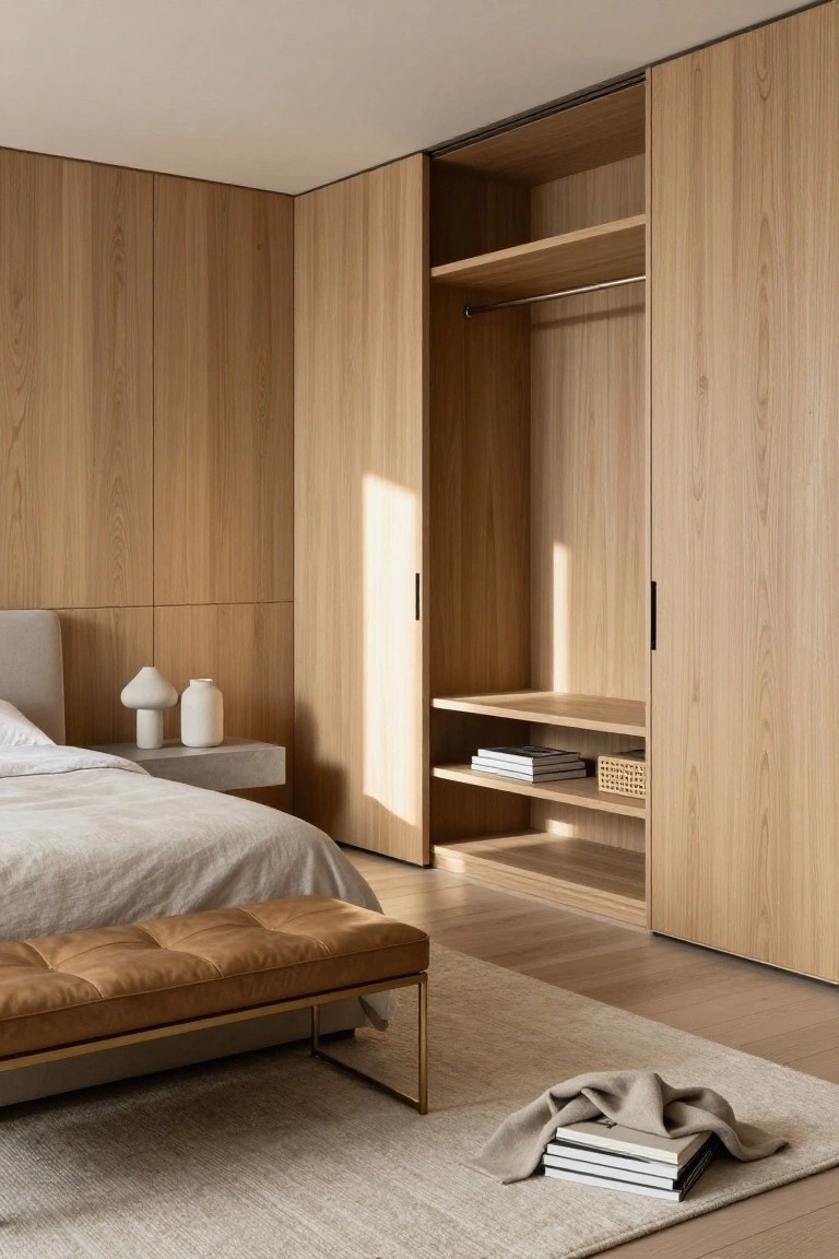 Modern bedroom with light oak wood-paneled walls, open floor-to-ceiling wardrobe featuring hanging rod, wood shelves, and built-in bench below, white upholstered bed, floating concrete nightstand with white ceramic vases, tan leather bench on frame legs, and neutral area rug on wood floor.