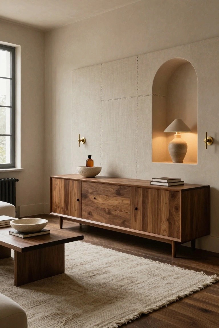 Neutral interior room with beige textured walls including an arched lit niche, walnut credenza topped with bowls and books, low walnut coffee table, white rug, and wood floors.