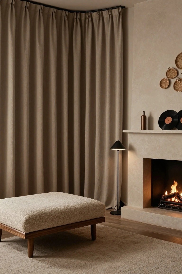 Corner of a beige room featuring tall taupe pleated curtains, a cream bouclé ottoman on wood legs, a black conical lamp, a lit fireplace, and wall shelves with baskets and records.