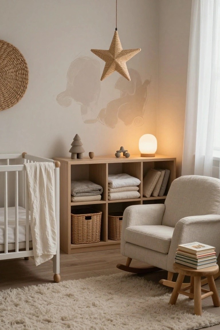Beige nursery room with white crib draped in white blanket, wooden shelving unit holding folded linens rattan baskets and books, cream rocking chair with footstool, glowing lamp, clay toys, and rattan star light fixture.