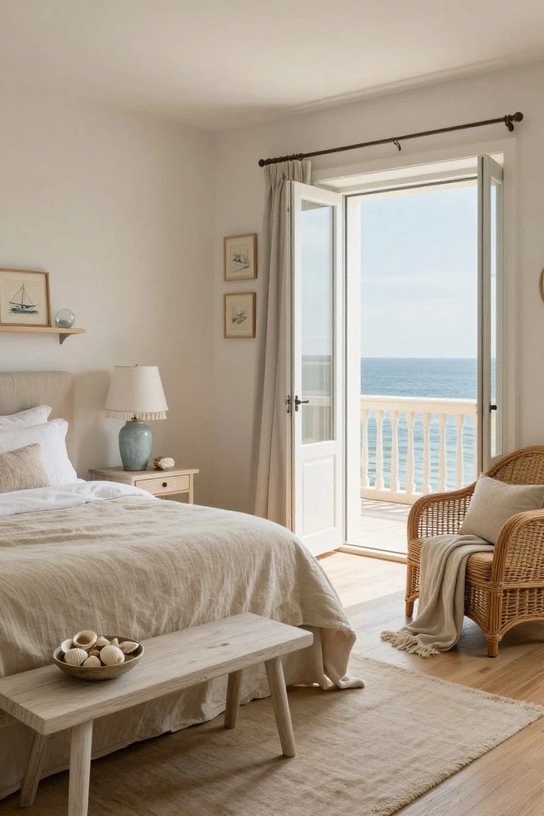 Neutral bedroom with beige linen bed, white pillows, wooden nightstand and bench with shell bowl, open white French doors to balcony featuring rattan chair with throw, overlooking ocean.
