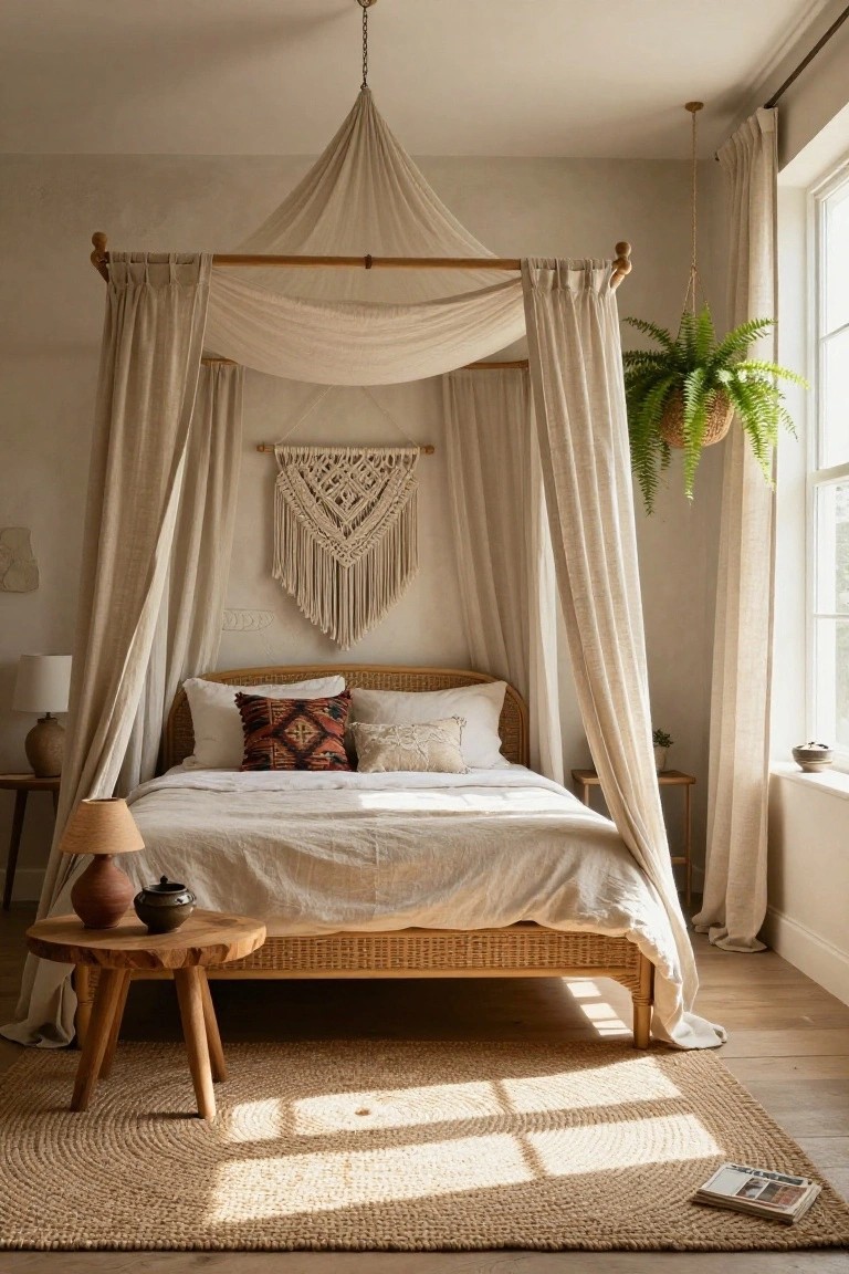 A sunlit bedroom with a rattan canopy bed draped in beige linen curtains, neutral pillows on white bedding, a macrame wall hanging, hanging plant, wooden side tables with ceramics, and a seagrass rug on wood floors.