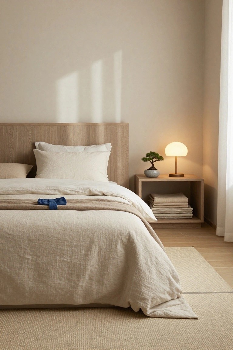 A minimalist bedroom with a light wood headboard and nightstand, beige textured linen bedding on the bed, a small bonsai tree and white lamp on the nightstand, light wood flooring, and a seagrass rug.