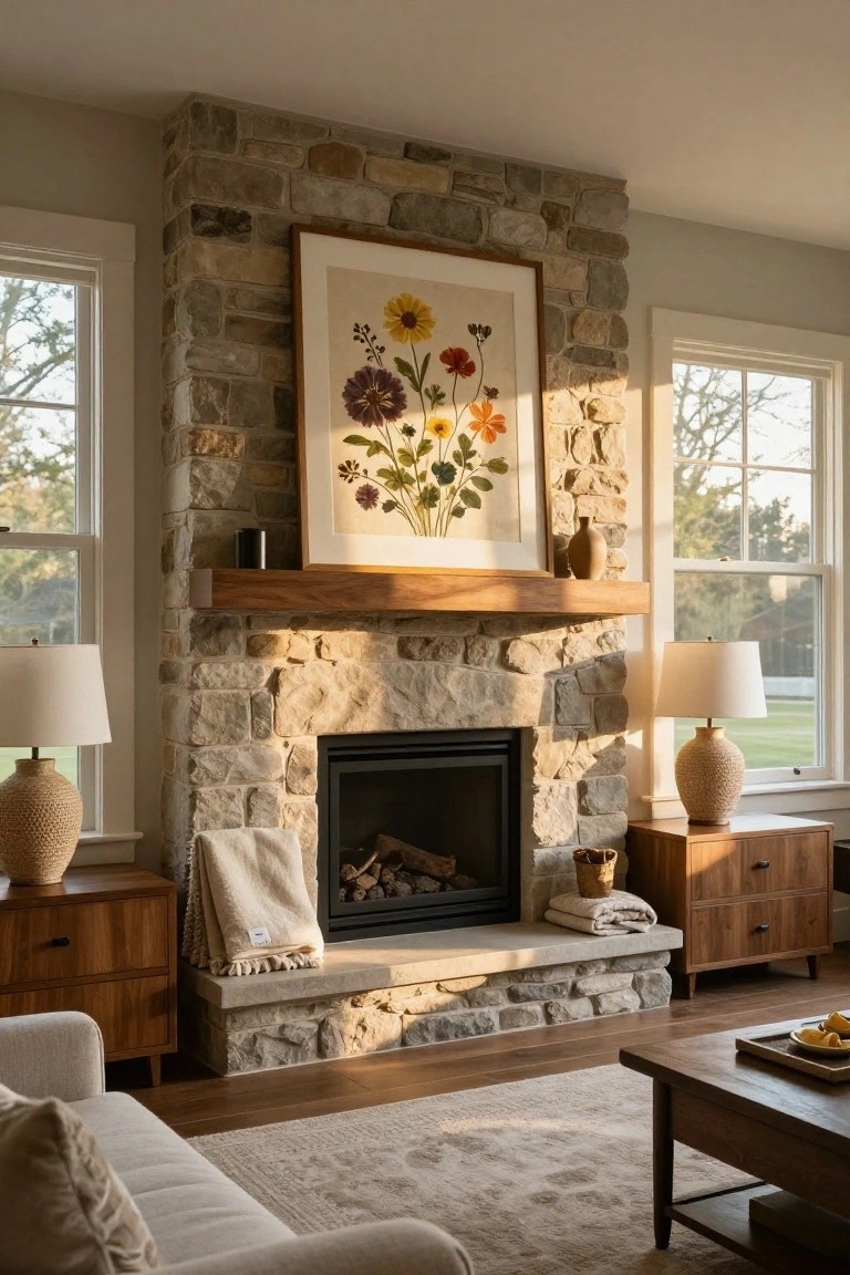 Living room featuring a tall stone fireplace with gas fire, wooden mantel, large framed floral artwork above, neutral sofa, wood side tables with lamps, and large windows overlooking outdoors.