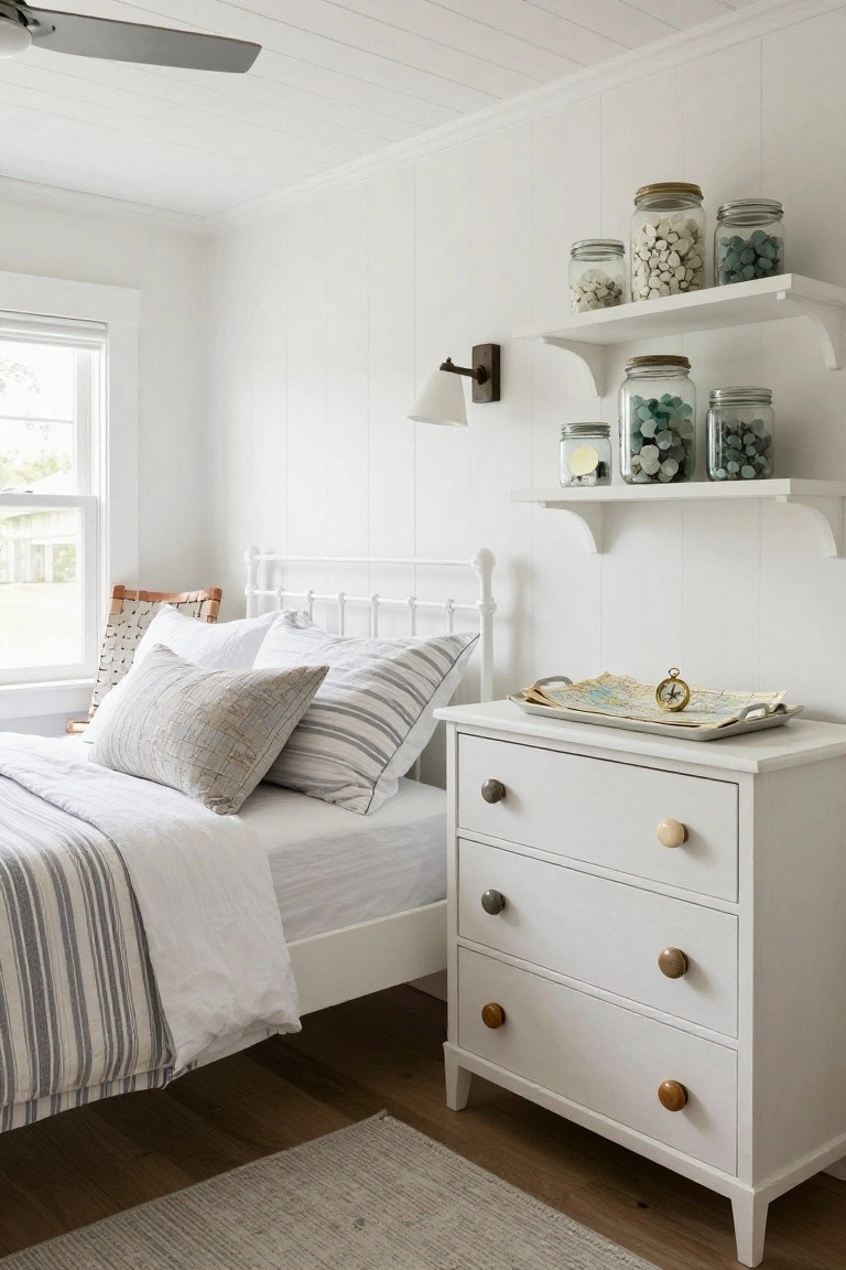 A bright bedroom with white shiplap walls, open floating shelves displaying glass jars filled with white and turquoise sea glass pebbles, a white metal bed frame with neutral gray and white striped bedding and pillows, a white dresser topped with a tray holding a nautical map and brass compass, wood floors, and a ceiling fan.