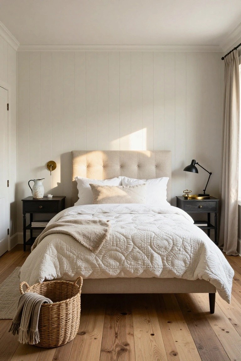 Bedroom interior with white shiplap paneled walls, beige tufted upholstered bed frame, white quilted bedding and pillows, black wooden nightstands, and light hardwood floors.