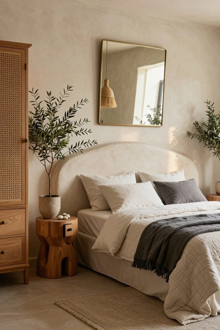 Neutral bedroom with curved cream headboard, white bedding topped with gray throw, rattan-front wooden wardrobe, chunky wooden stool nightstand, two potted olive trees, gold-framed mirror, and rattan pendant against plaster walls.