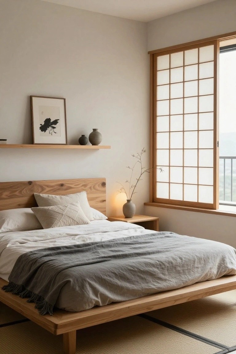 Neutral bedroom with low wooden platform bed on tatami mat floor, white linens and gray throw, shoji screen window, floating wood shelf with art print and vases, bedside table with lamp.