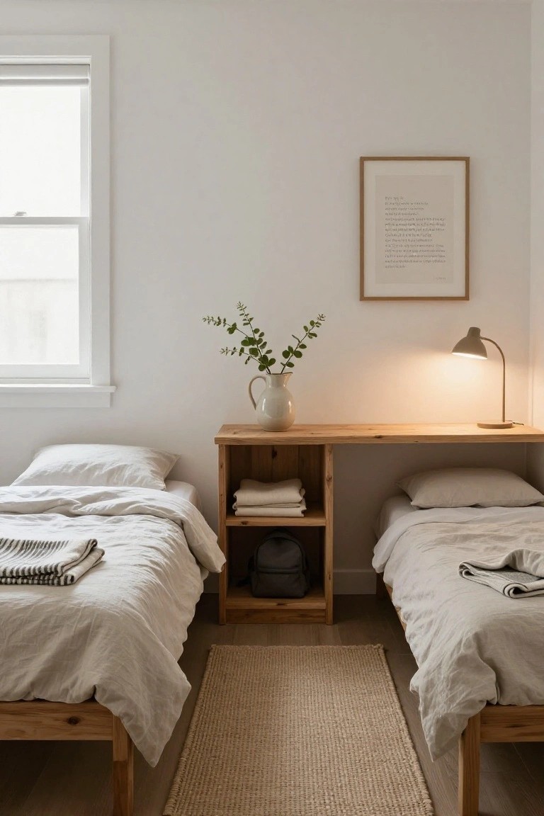 Neutral bedroom with two twin beds draped in white linens flanking a wooden desk with built-in shelves, a vase of eucalyptus on the desk, a desk lamp, and a framed print on the wall.