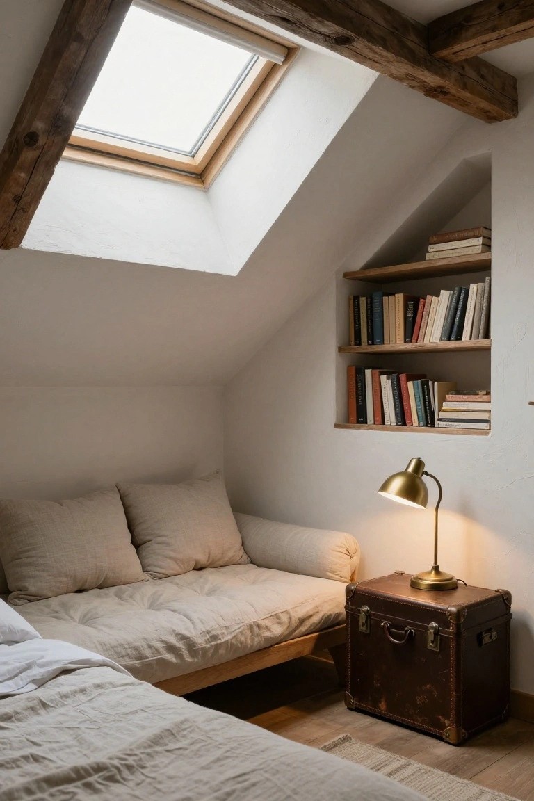 Attic bedroom with sloped white ceiling and skylight, built-in wooden bookshelves filled with books, low beige futon bed with white and cream pillows, brass gooseneck lamp on brown leather suitcase used as nightstand, neutral walls and wood floor.